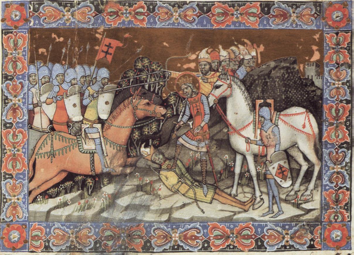Sv. Štefan I. Kráľ (so svojimi Nitranmi) dobýja územie Keana, vojvodu Bulharov a Slovanov v dolnom Potisí. Obrázková kronika.