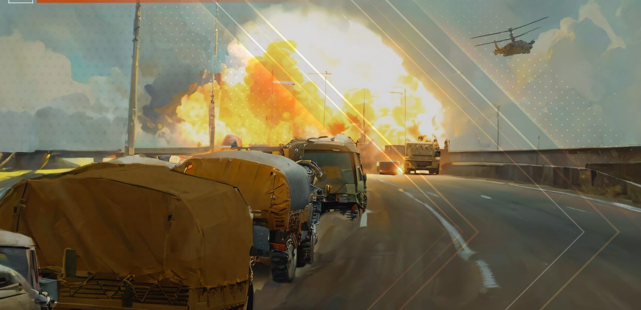 Kresba bombardovania kolóny vagnerovcov ruskou armádou. Zdroj: Telegram Rybar