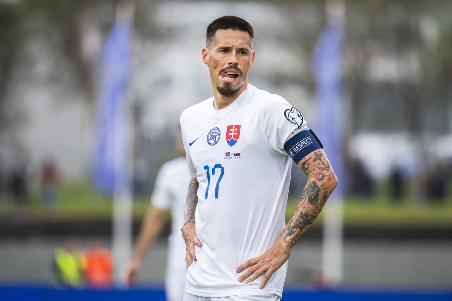 Na snímke Marek Hamšík (Slovensko) počas zápasu kvalifikácie ME 2024 J-skupiny Island - Slovensko v sobotu 17. júna 2023 v Reykjavíku. Foto: TASR/Jaroslav Novák

