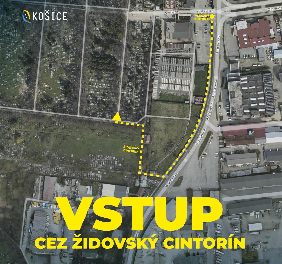 Vstup cez Židovský cintorín je znázornený na priloženej mapke. Zdroj: Mesto Košice.