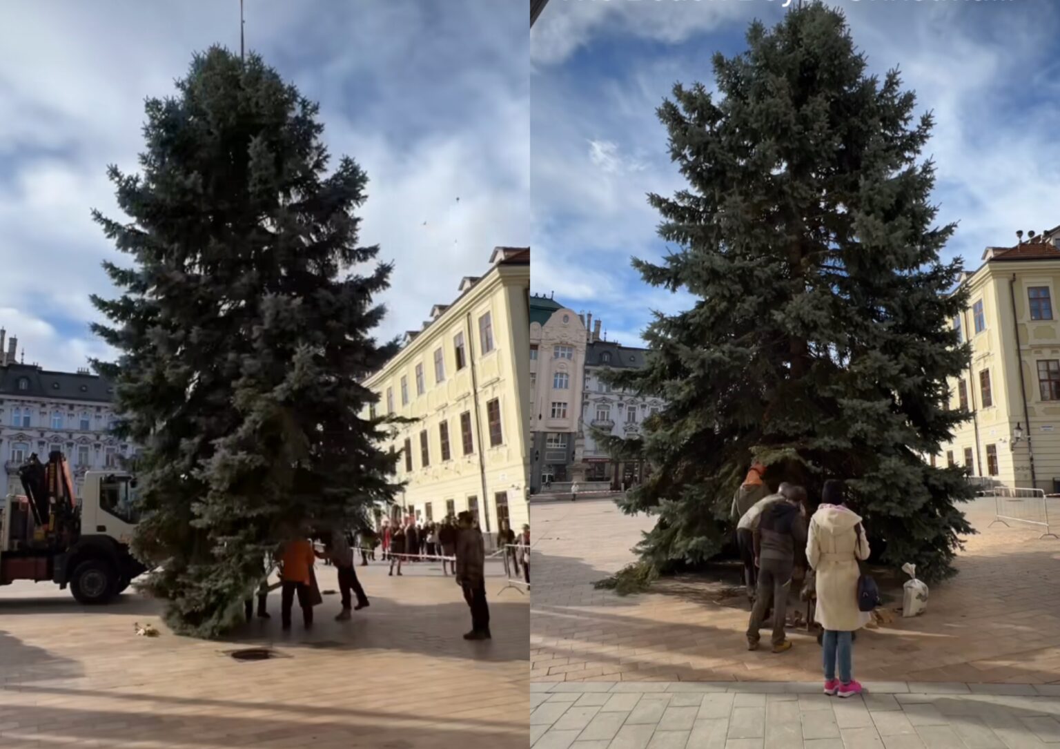 Vianočný stromček je už osadený na Hlavnom námestí. Reprofoto: Matúš Vallo/FB.