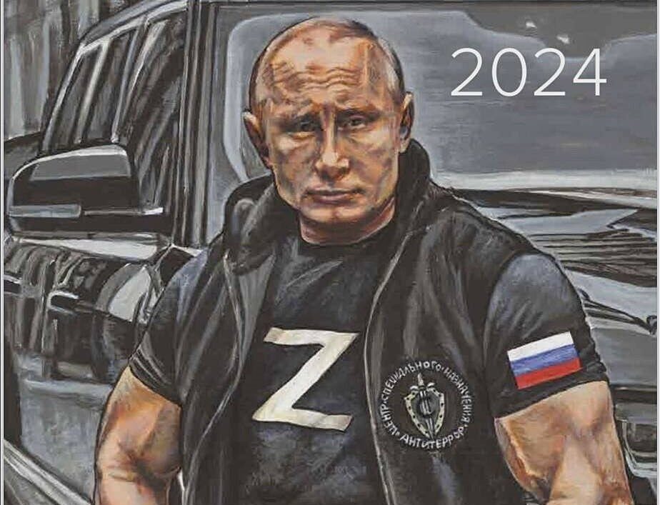 Na obálke kalendára Vladimir Putin s písmenom Z na tričku. Zdroj: Astra/Telegram
