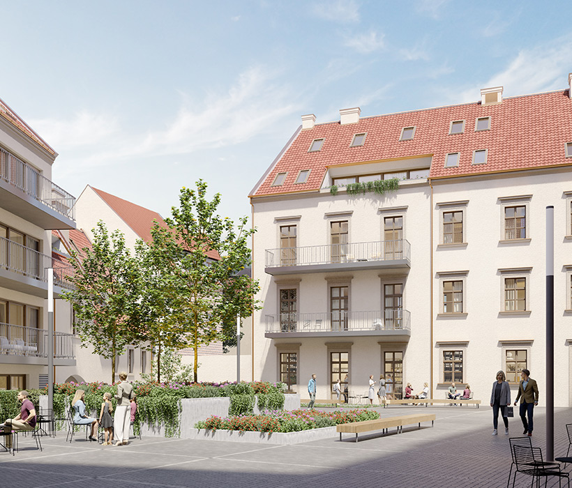 Nádvorie Esterháziho paláca po rekonštrukcii bude slúžiť aj verejnosti. Vizuál: Reiffeisen Property Estate 