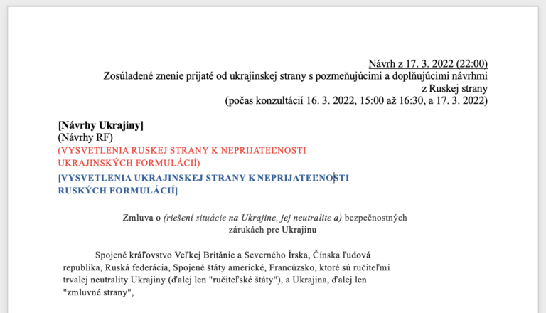Fragment Návrhu mierovej zmluvy zo 17. marca 2022 (slovenský preklad, reprofoto). Zdroj: Denník Štandard