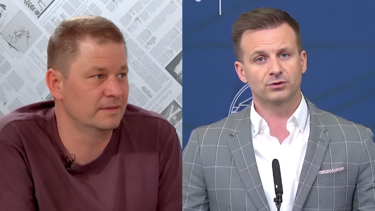 Naľavo: Adam Znášik v diskusii Denníka N. Reprofoto YouTube. Vpravo: Juraj Gedra počas tlačovej konferencie. Reprofoto Facebook