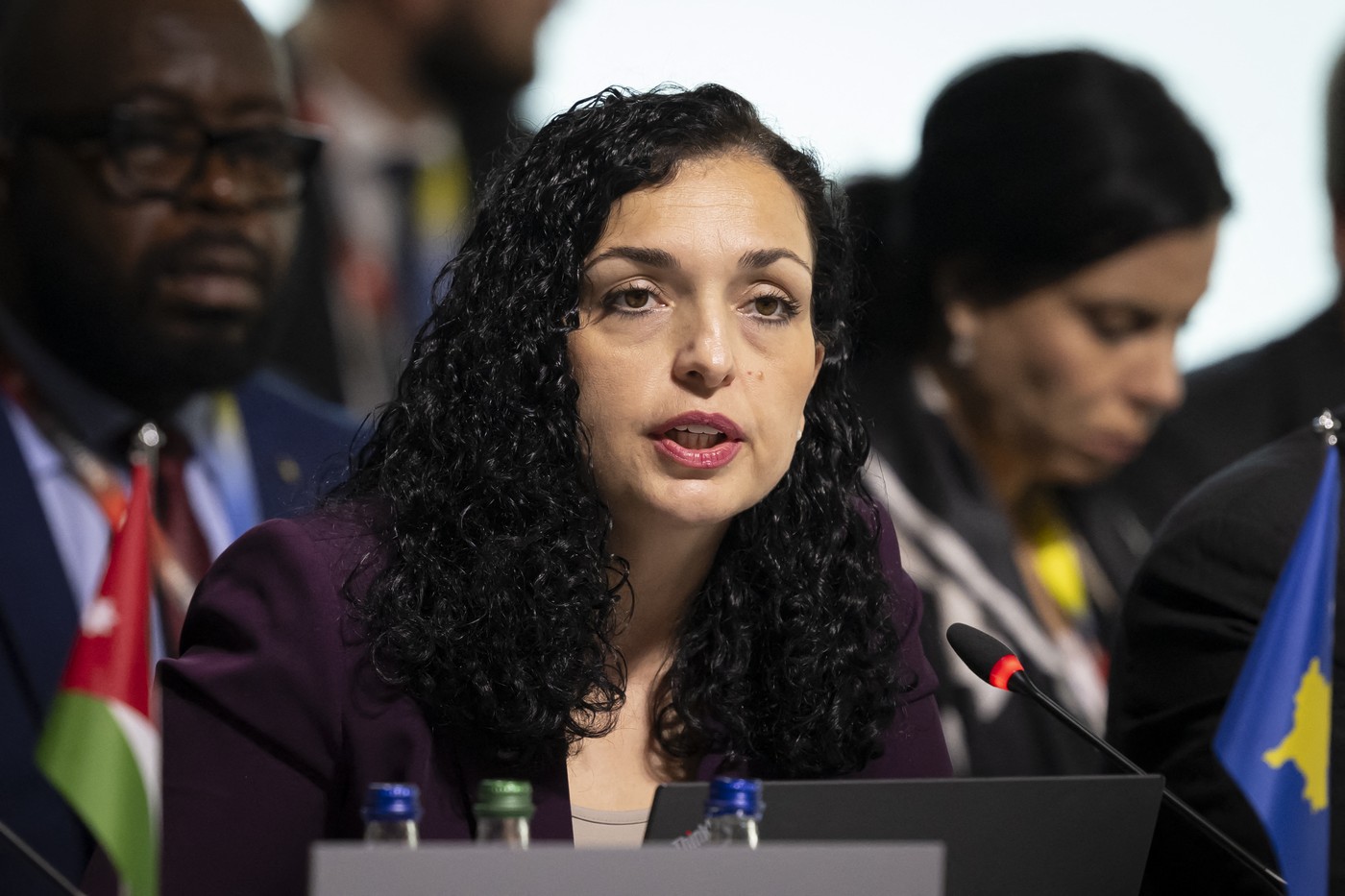 Kosovská prezidentka Vjosa Osmani na Mierovej konferencii vo Švajčiarsku. Foto: URS FLUEELER / POOL / AFP / Profimedia