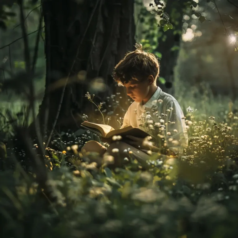 Chlapec číta Bibliu v prírode. Ilustračný obrázok. Foto: Midjourney