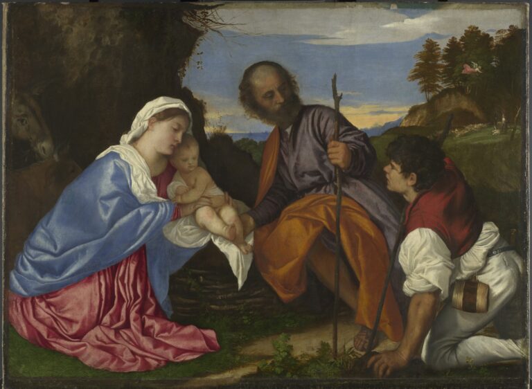 Tiziano Vecelli. Svätá rodina s pastierom, olej na plátne, okolo roku 1510. Národná galéria v Londýne. Foto:  National Gallery Global Limited / akg / akg-images / Profimedia