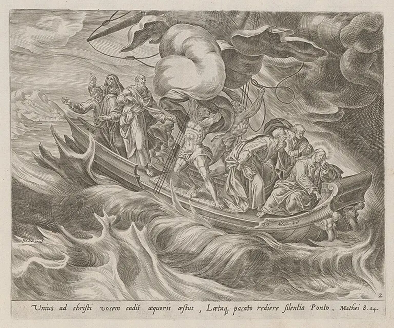 Herman Müller: Spiaci Ježiš s učeníkmi na rozbúrenom mori, medirytina (1615). Foto: webumenia.sk