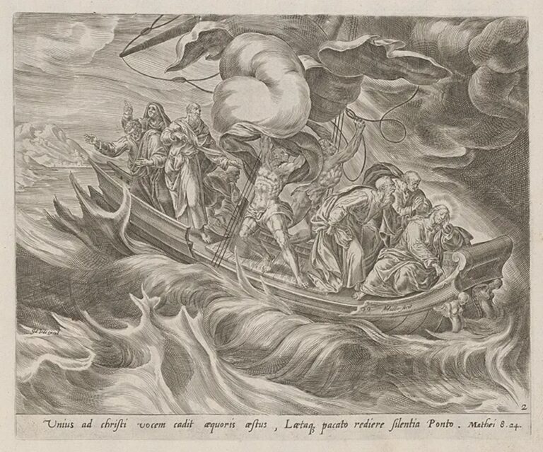 Herman Müller: Spiaci Ježiš s učeníkmi na rozbúrenom mori, medirytina (1615). Foto: webumenia.sk