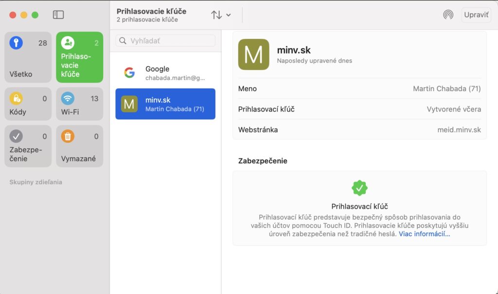 Prihlasovací kľuč MeID v operačnom systéme macOS. Foto: Martin Chabada