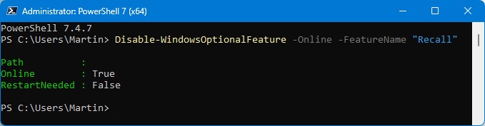Odstránenie Recall príkazom PowerShell. Foto: Martin Chabada