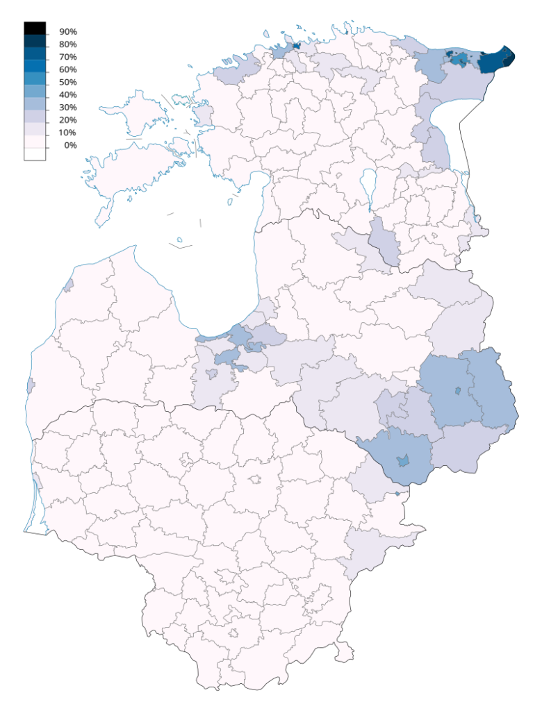 Potomkovia ruských a neskôr sovietskych presídlencov v Estónsku, Lotyšsku a Litve v roku 2021. Mapa: CC BY-SA 4.0