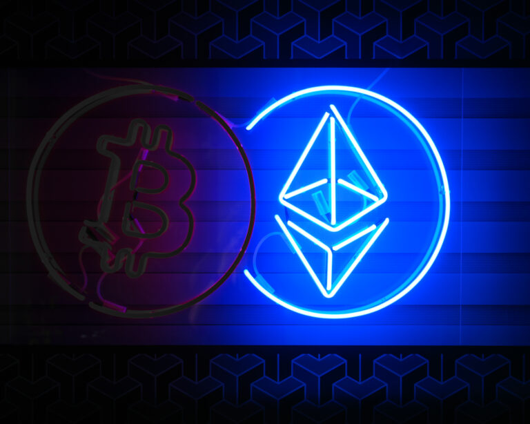 Neónový pútač kryptomeny ethereum. Foto: Jaap Arriens/NurPhoto via Getty Images