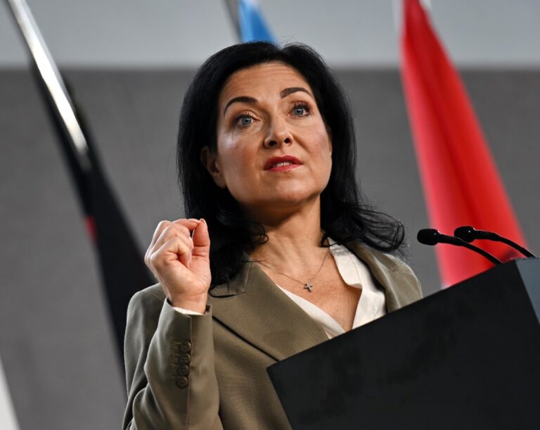 Katherina Reiche (CDU), Federal Minister of Economics, speaks at the ceremonial start of construction for SuedLink in Bavaria.  Photo: Martin Schutt/dpa (Photo by Martin Schutt/picture alliance via Getty Images)