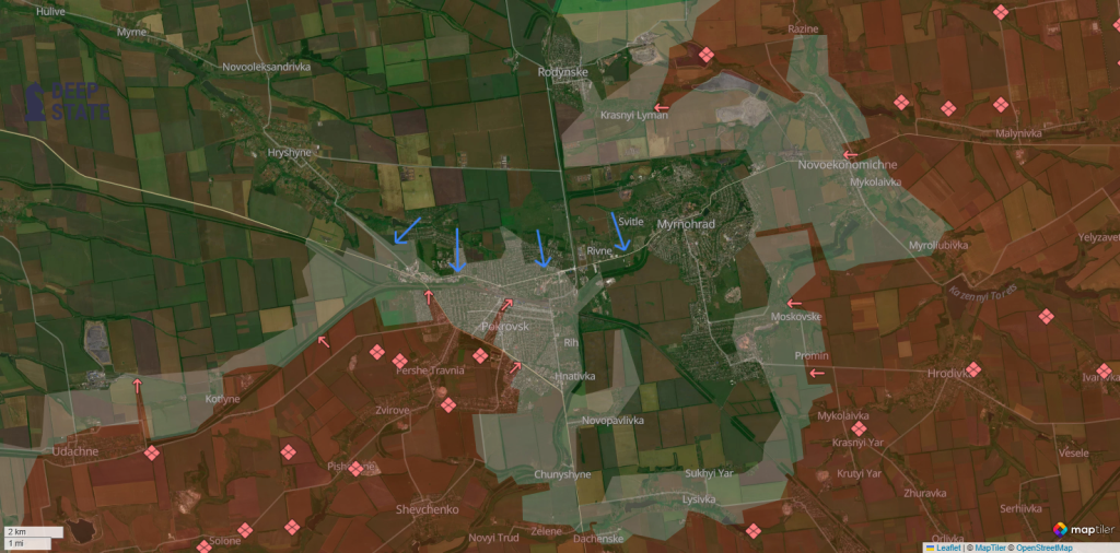 Modrými šípkami vyznačená cesta spájajúca tylo s Myrnohradom. Mapa. DeepState
