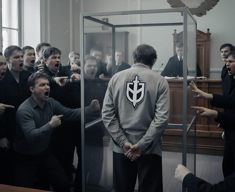 Obvinený so znakom RDK. Ilustračná fotografia bola vytvorená pomocou umelej inteligencie. Foto: Štandard/Midjourney