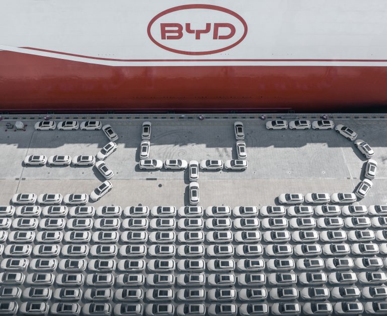 The world's largest car transporter, BYD Shenzhen, carries out loading operations. Photo: Zhang Congyu/VCG via Getty Images