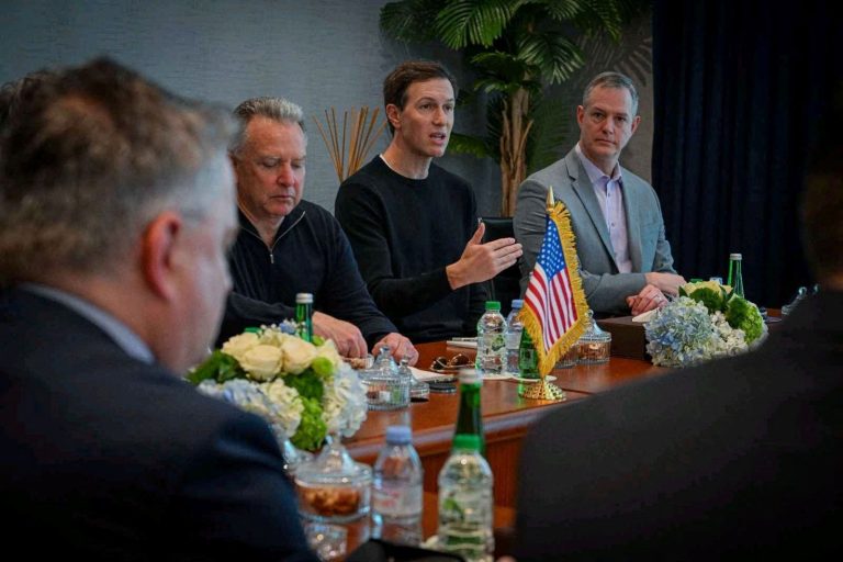 Jared Kushner speaks as he sits beside United States Special Envoy Steve Witkoff during trilateral talks between the U.S., Russia and Ukraine at Al Shati Palace in Abu Dhabi, United Arab Emirates. Photo: UAE government/Reuters.