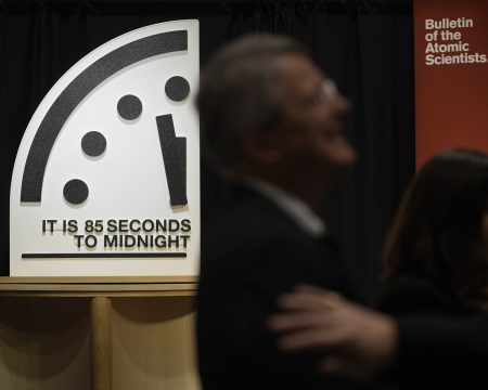 The Doomsday Clock is at an all-time high. It shows 85 seconds to midnight.