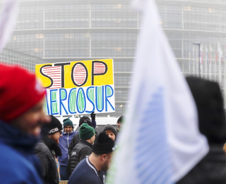 Farmers gathered in front of the European Parliament building to protest against Mercosur. Photo: Elyxandro Cegarra/Anadolu via Getty Images