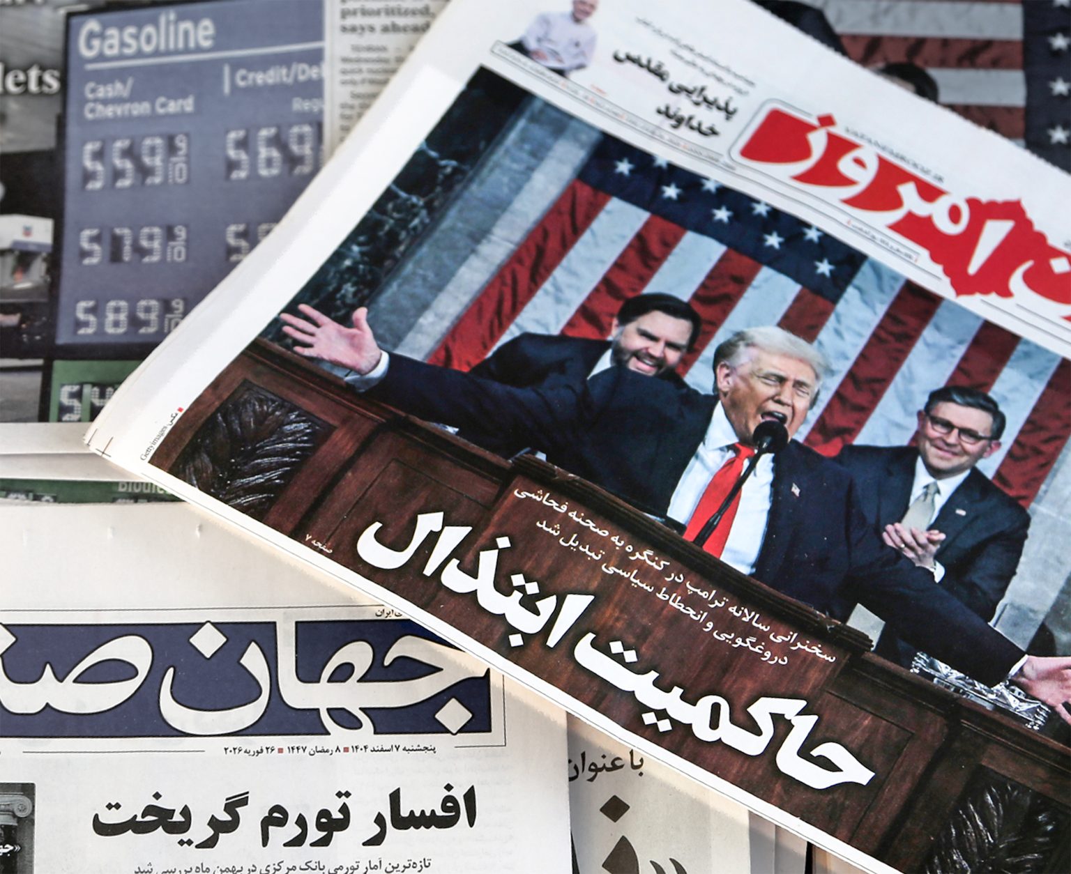 Front pages of Tehran newspapers highlight US President Donald Trump’s remarks on Iran delivered in Congress. Photo: Fatemeh Bahrami/Anadolu via Getty Images