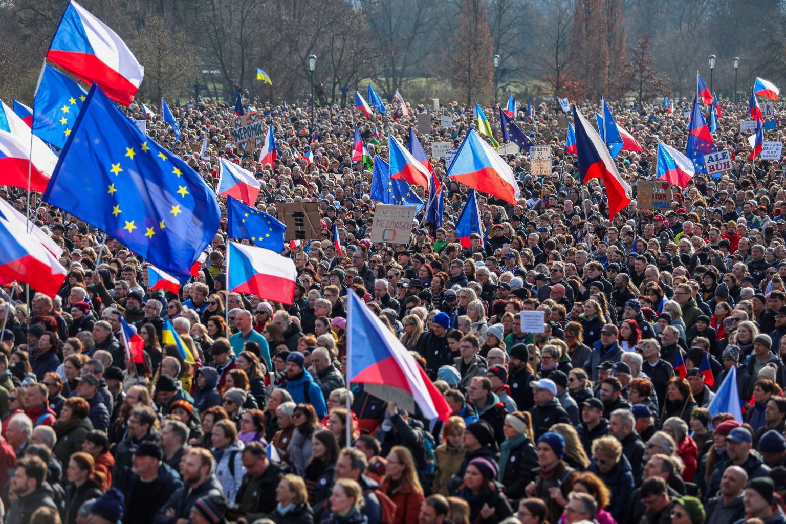 Demonstrators at a protest in Prague.