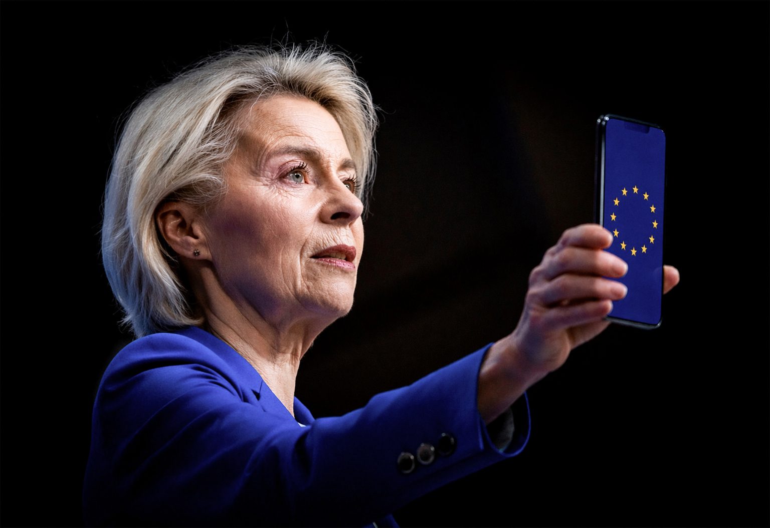 Ursula von der Leyen with her smartphone. Photo: Nicolas Economou/NurPhoto/Getty Images/AI