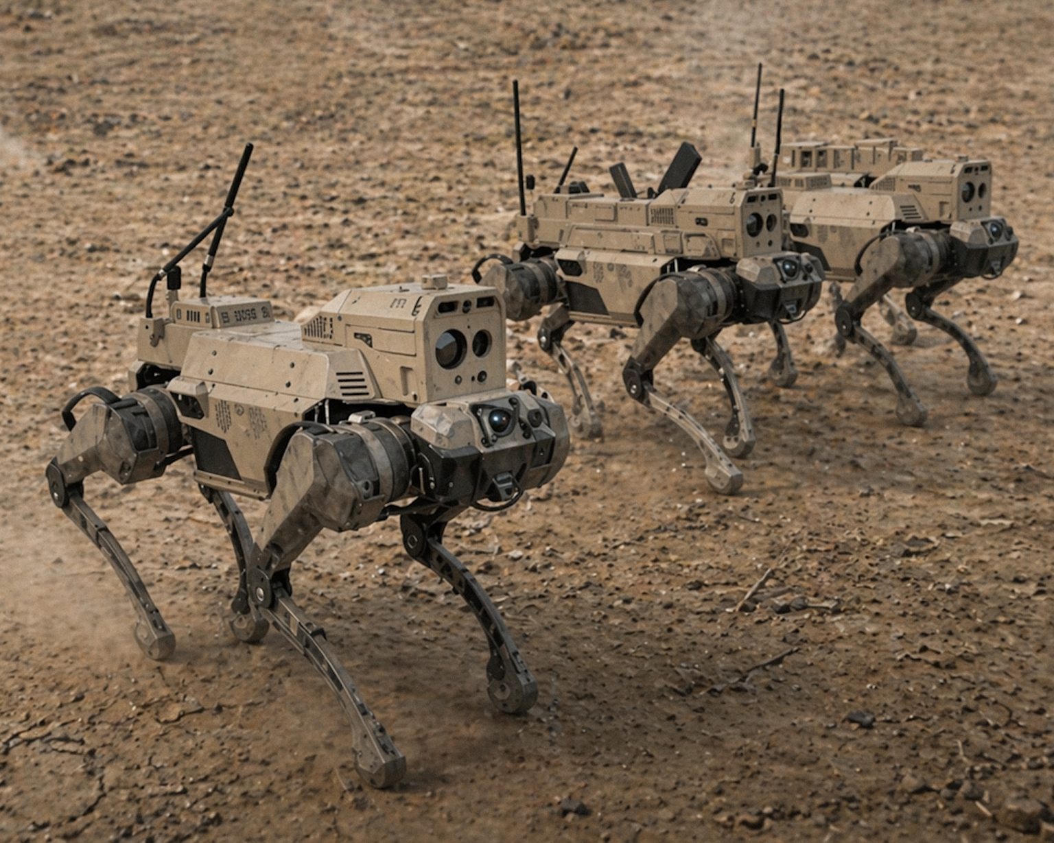 Traja robotickí vlci kráčajúci po zemi. Foto: CCTV China/ChatGPT