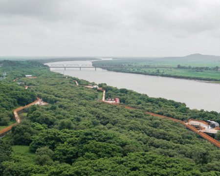 View of the bridge across the Tumen River linking Russia and North Korea, seen from Hunchun in northeast China. Photo: Tang Ke/Feature China/Future Publishing/Getty Images