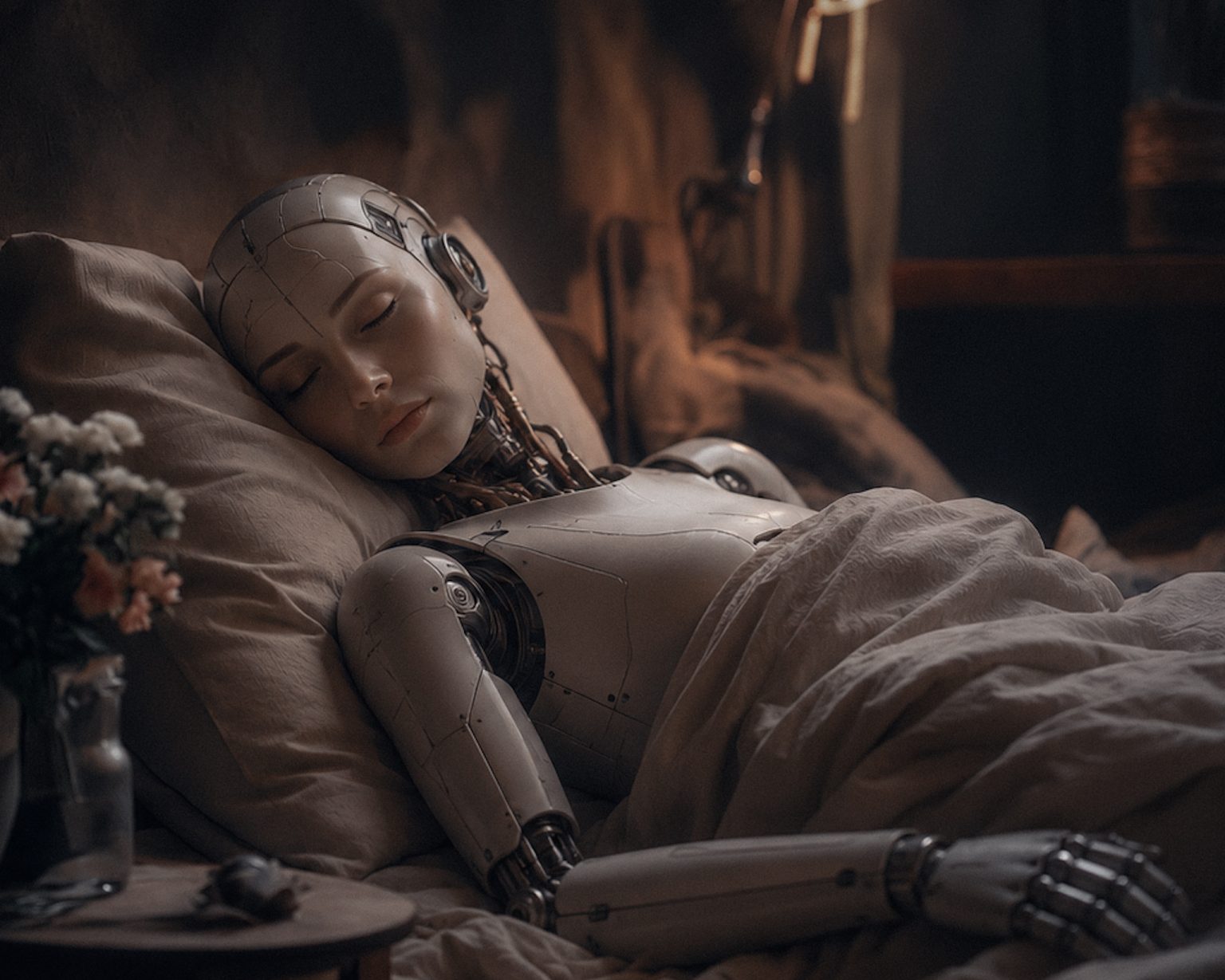 Humanoid spí, ilustruje koncept AI snívania.